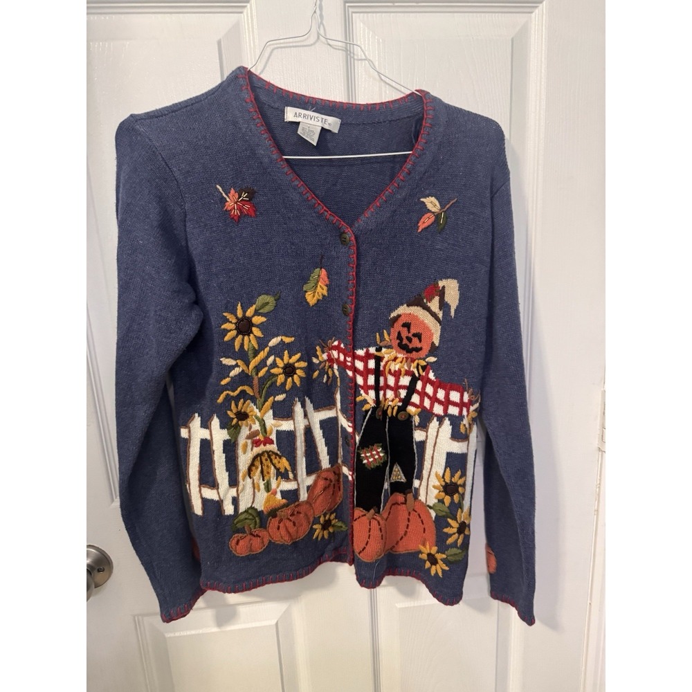 Arriviste Womens L Blue Cardigan Sweater Fall Pumpkin Scarecrow Embroidered